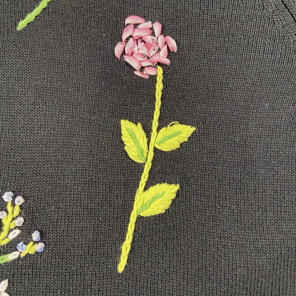 Quacker Factory Floral Embroidered Long Sleeve Sweater Black Women's 1X Gardener - Picture 2 of 15